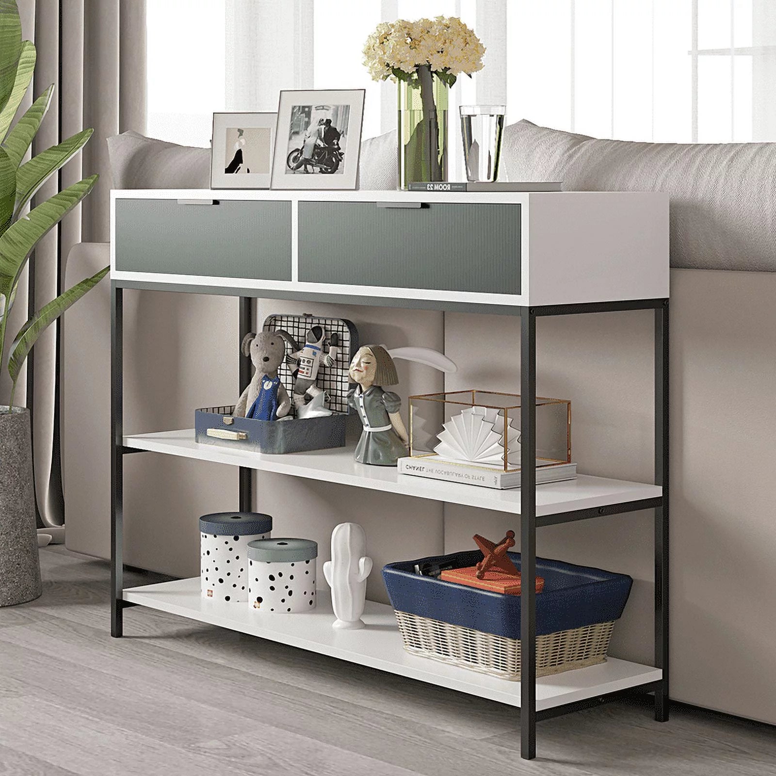 White and Light Green Wood Console Table Steel Frame with Shelves and Drawers