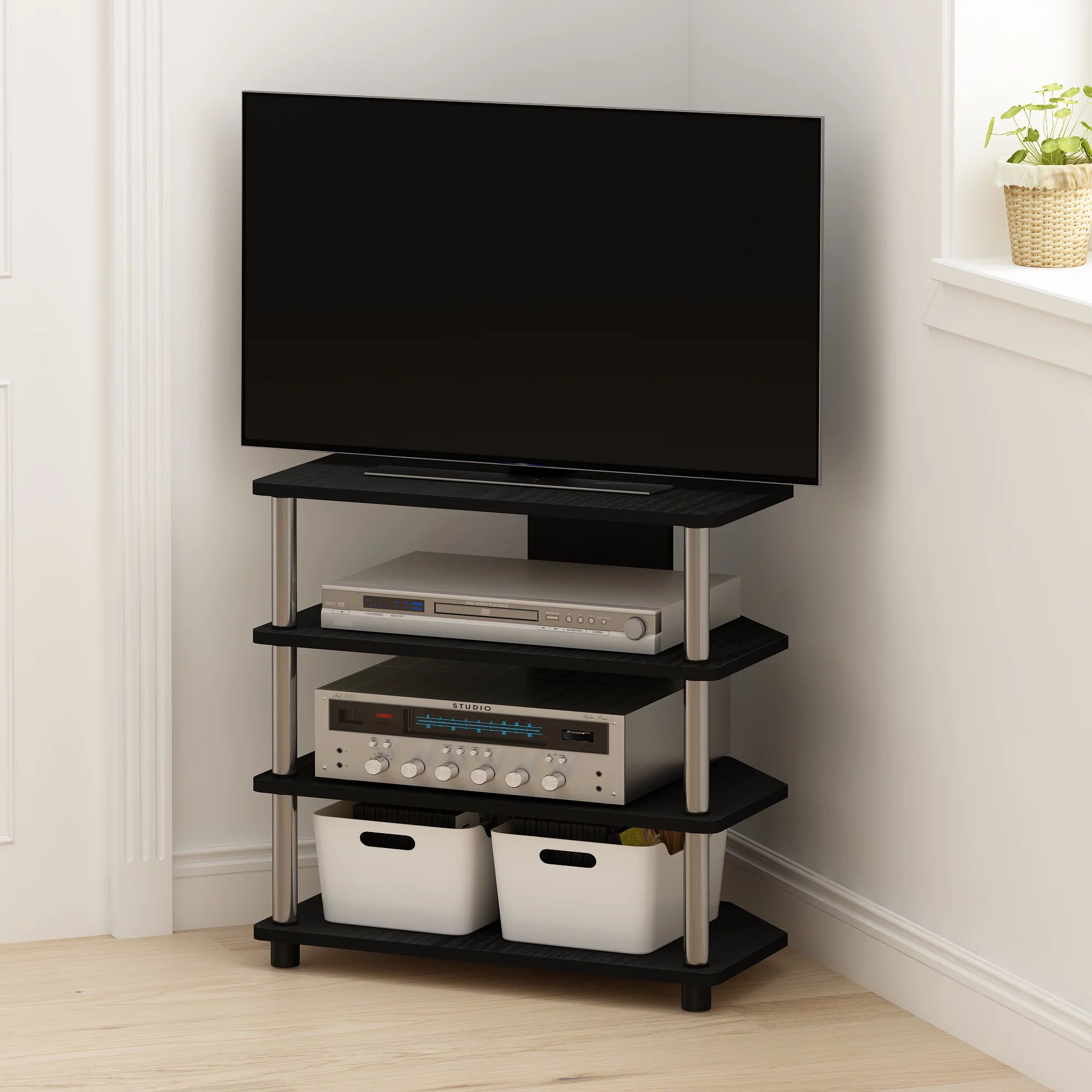 4-Tier Petite TV Stand, Americano, Stainless Steel Tubes A485325