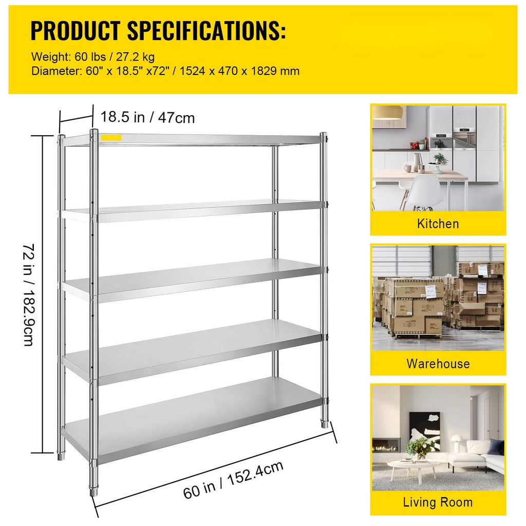 5-Tier Stainless Steel Shelving Unit 60x18.5 inch P13361