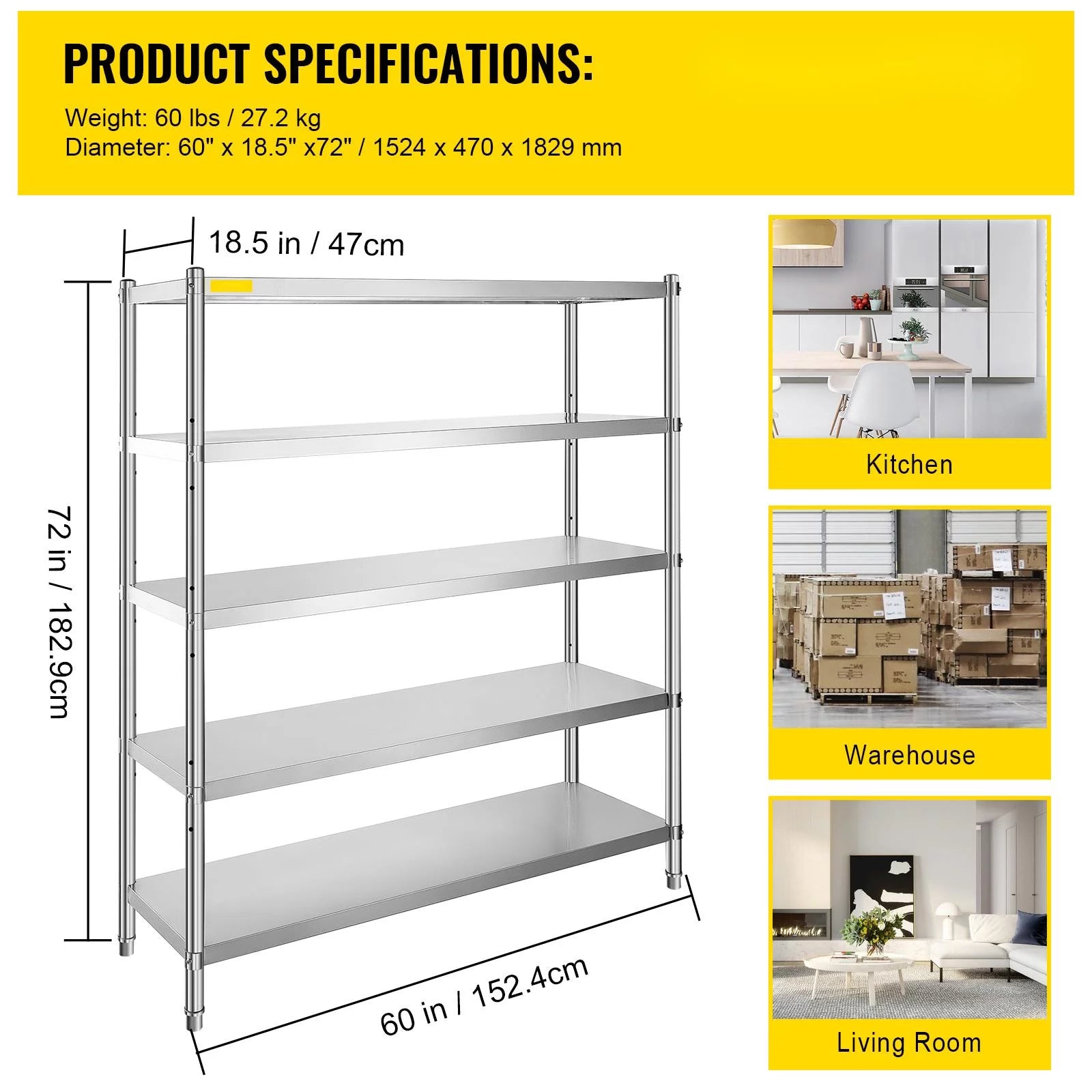 5-Tier Stainless Steel Shelving Unit 60x18.5 inch P13361
