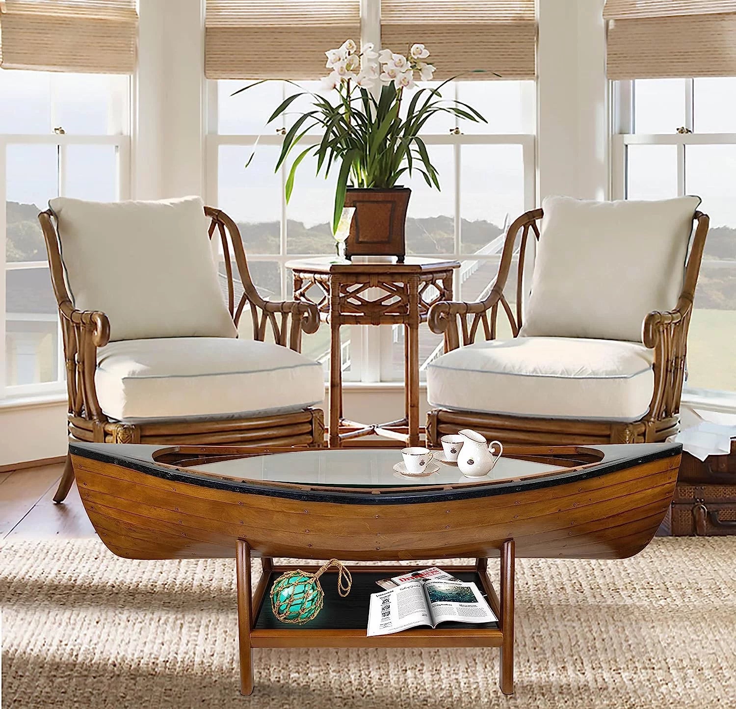 Wooden Boat Canoe Coffee Table Nautical Coastal Decor V68604