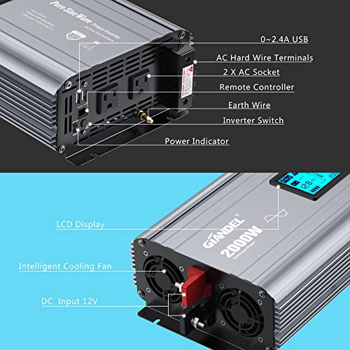 2000W Pure Sine Wave Power Inverter DC 12V to AC 120V with LCD Display and Remote Controller U48008