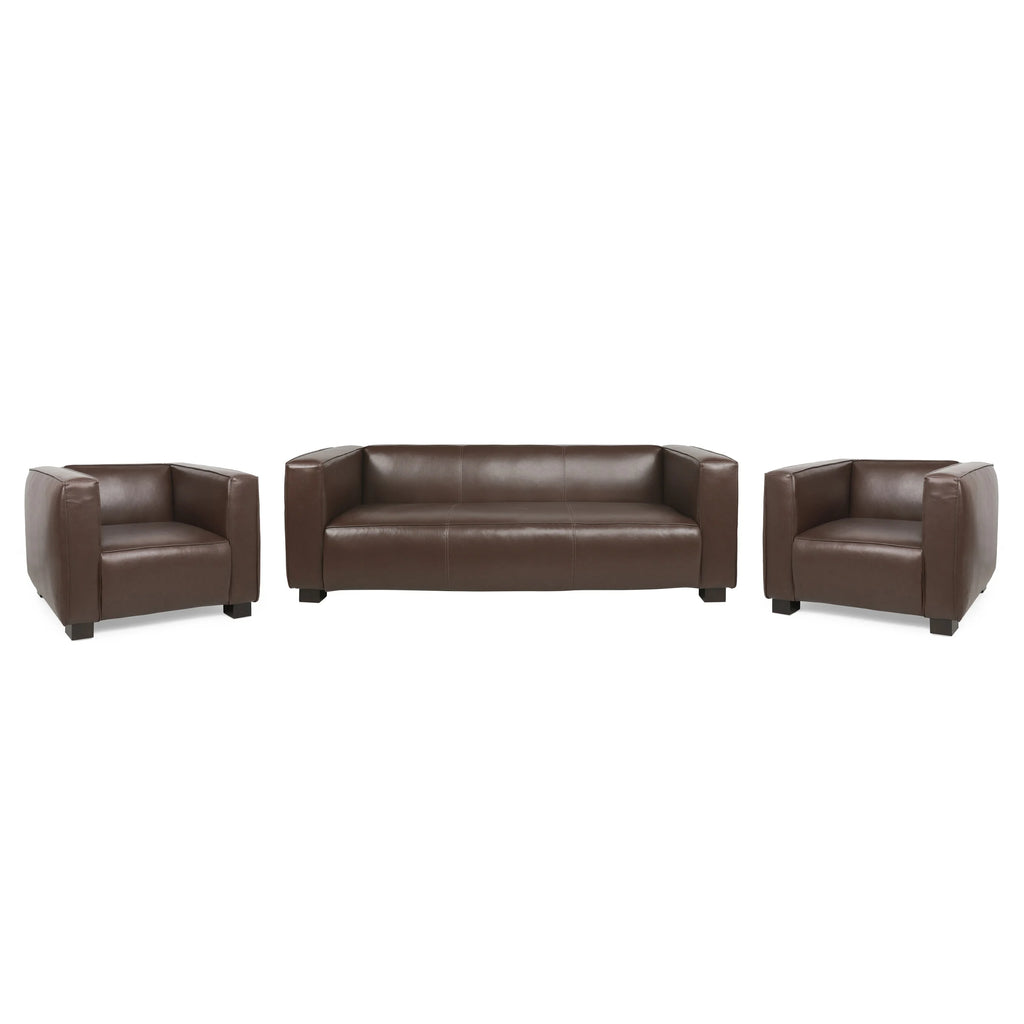 Faux Leather 3 Piece Club Chair and Sofa Set, Cognac Brown / Dark Walnut B74278