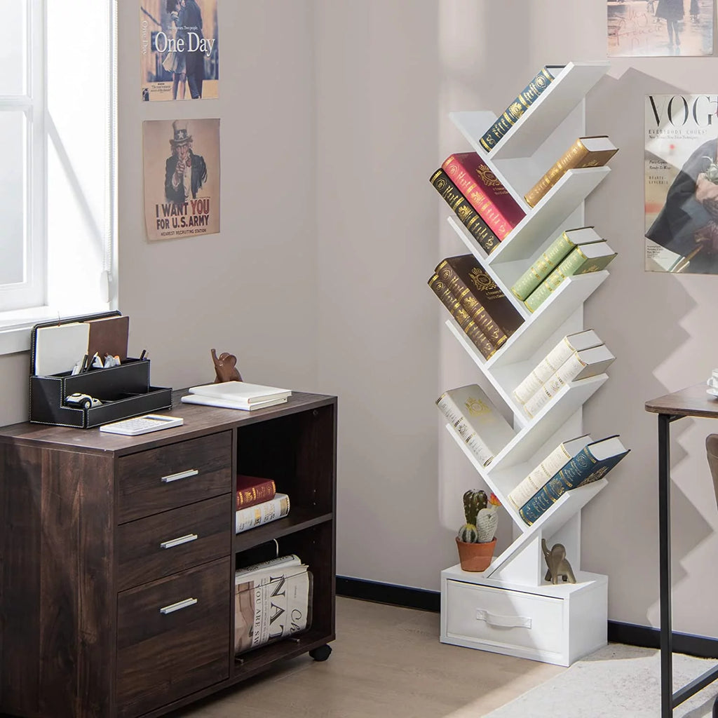 White Wooden Bookcase with Drawer, 10 Shelves H3966