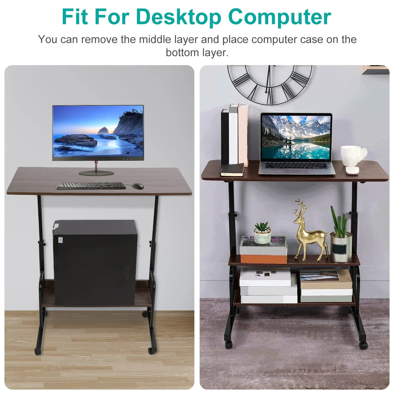 Mobile Laptop Table 3-Tier with Wheels, Height Adjustable, Beige S11889
