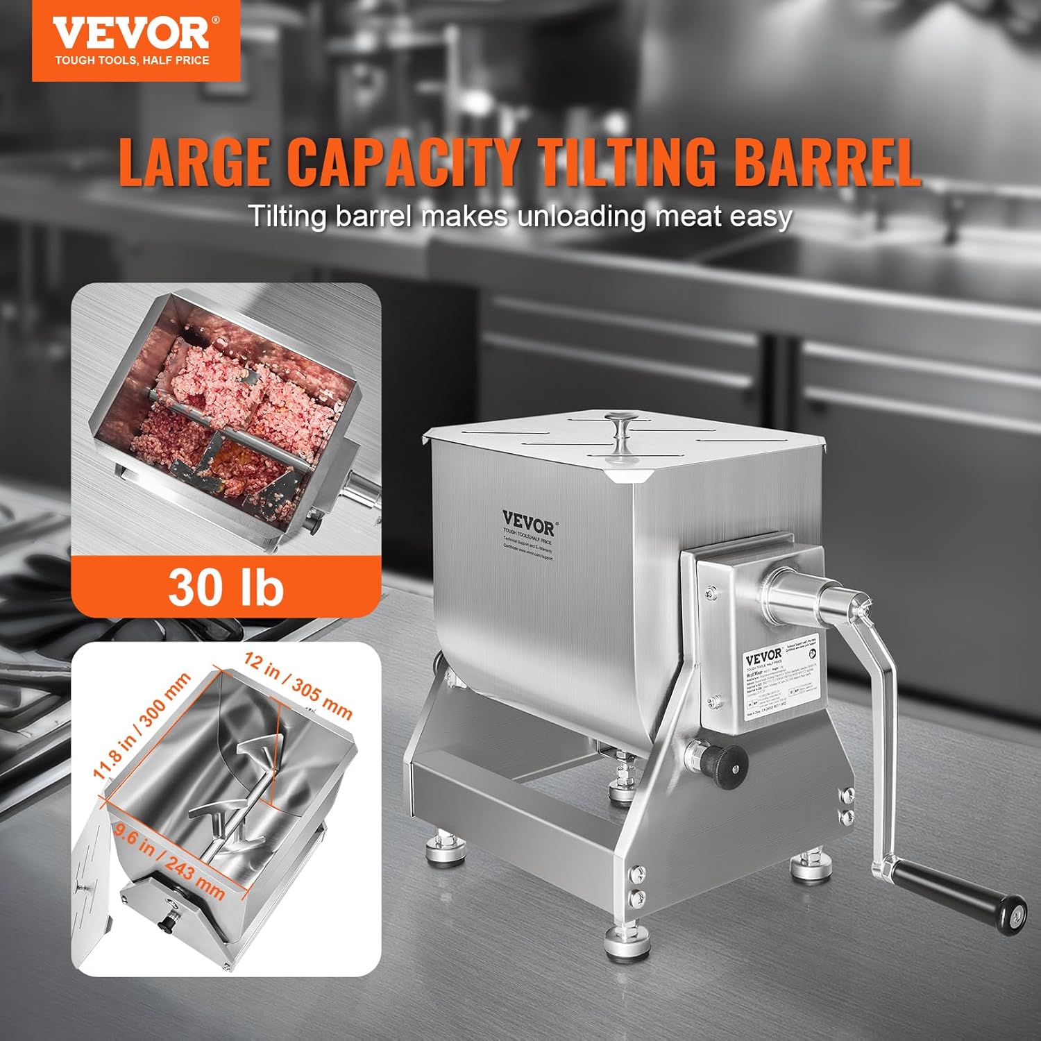 Manual Meat Mixer, 30 lb Capacity, Stainless Steel with Lid and Handle O568