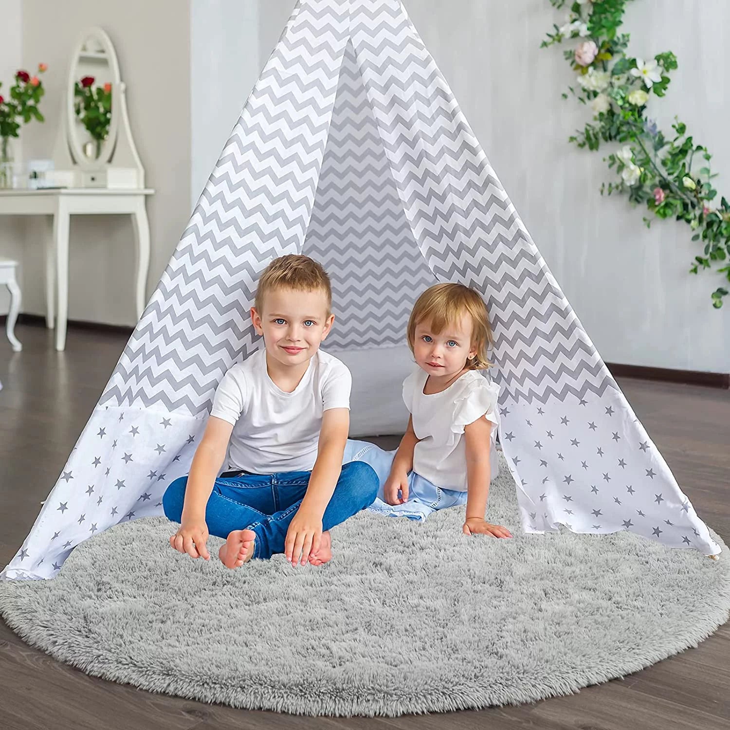 Luxury Round Fluffy Area Rug for Bedroom, Super Soft Shaggy Carpet, 5'x5', Gray R140