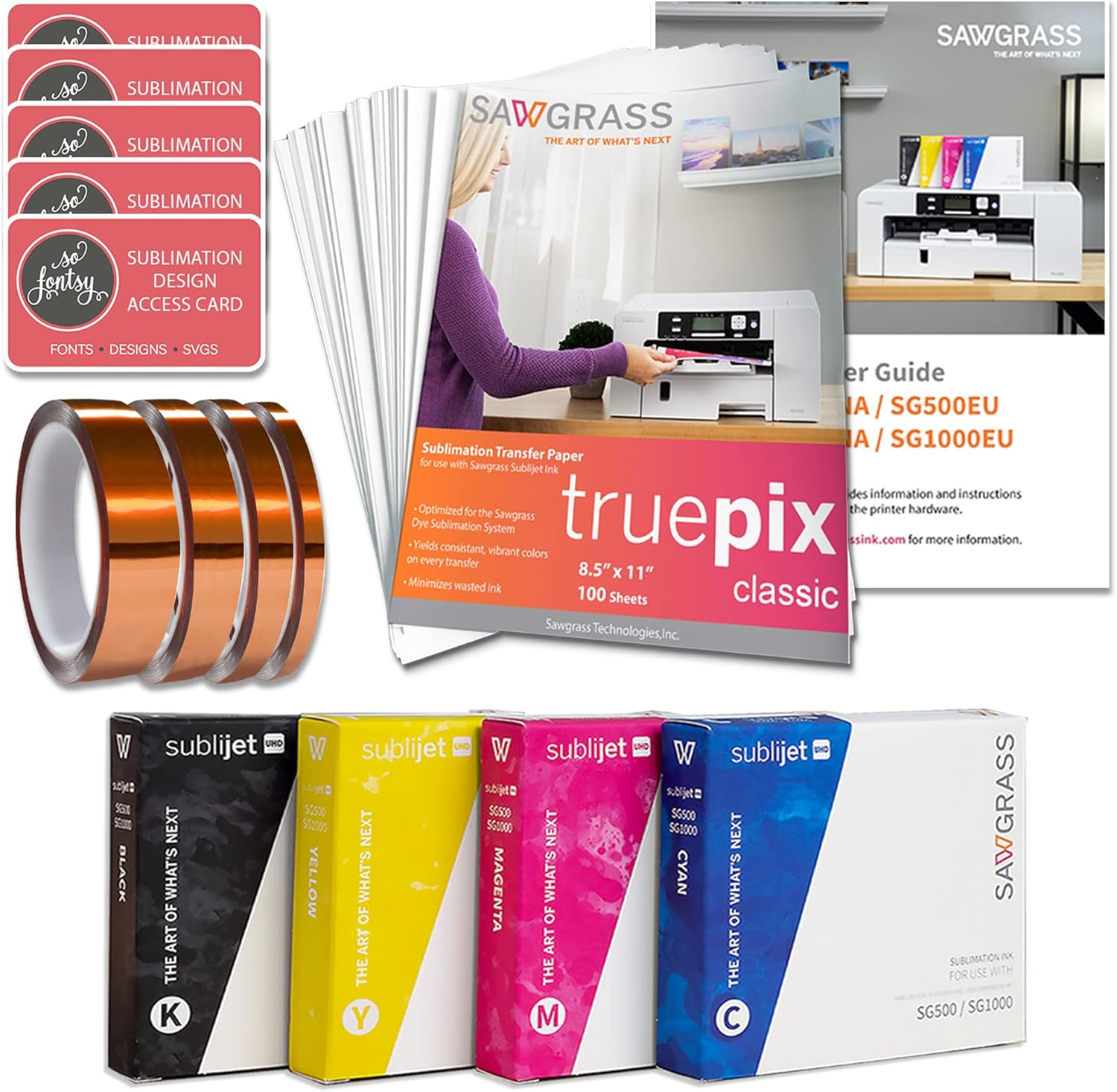 Sublimation Printer Starter Bundle with Inks, Mug Heat Press, Paper, Tape, Blanks and Designs X2098
