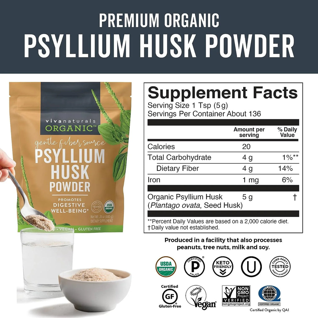 Organic Psyllium Husk Powder, Finely Ground Non-GMO Fiber Supplement L601136