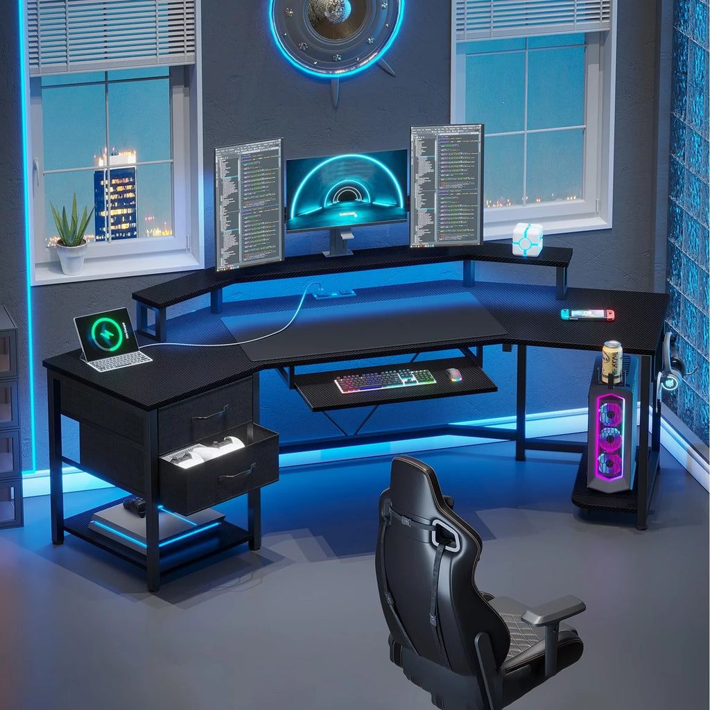 79" L Shaped Gaming Desk with LED Lights, Power Strip, Fabric Drawers, Storage Shelf and Keyboard Tray D650