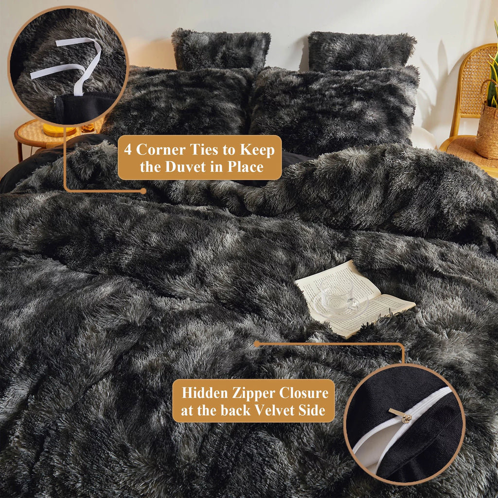 Tie Dye Plush Shaggy Duvet Cover Set, 3 Pieces Soft Velvet Fluffy Furry Bedding Set with Zipper Closure, Queen T1380