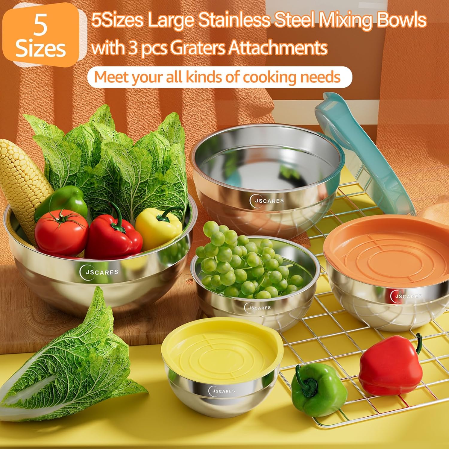 Mixing Bowls with Lids, 5 Piece Stainless Steel, Stackable, Airtight C308674