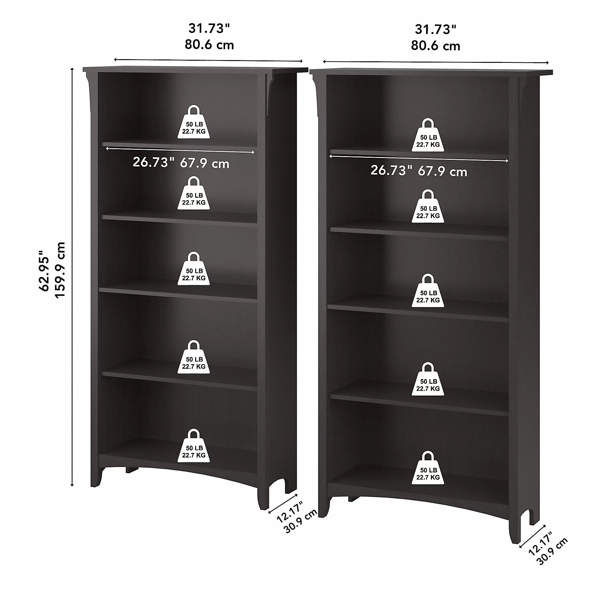 Tall 5 Shelf Bookcase, Set of 2, Vintage Black Y50012