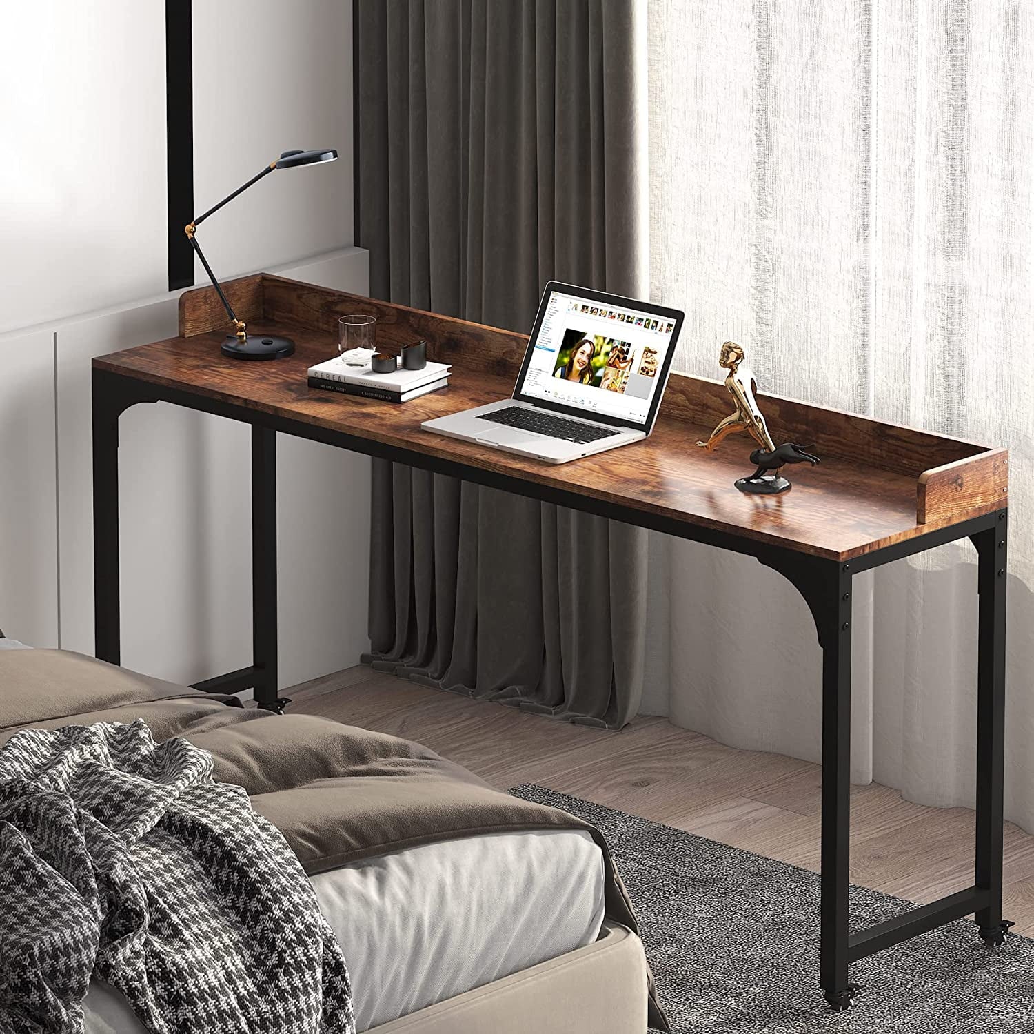 Brown Overbed Table with Wheels, Mobile Desk with Metal Legs Z9651
