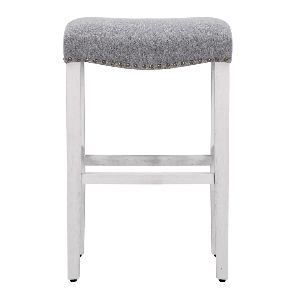 Bar Height Bar Stools Set of 2, Farmhouse Kitchen White Wooden Saddle Stool Chair with Linen Cushion X651