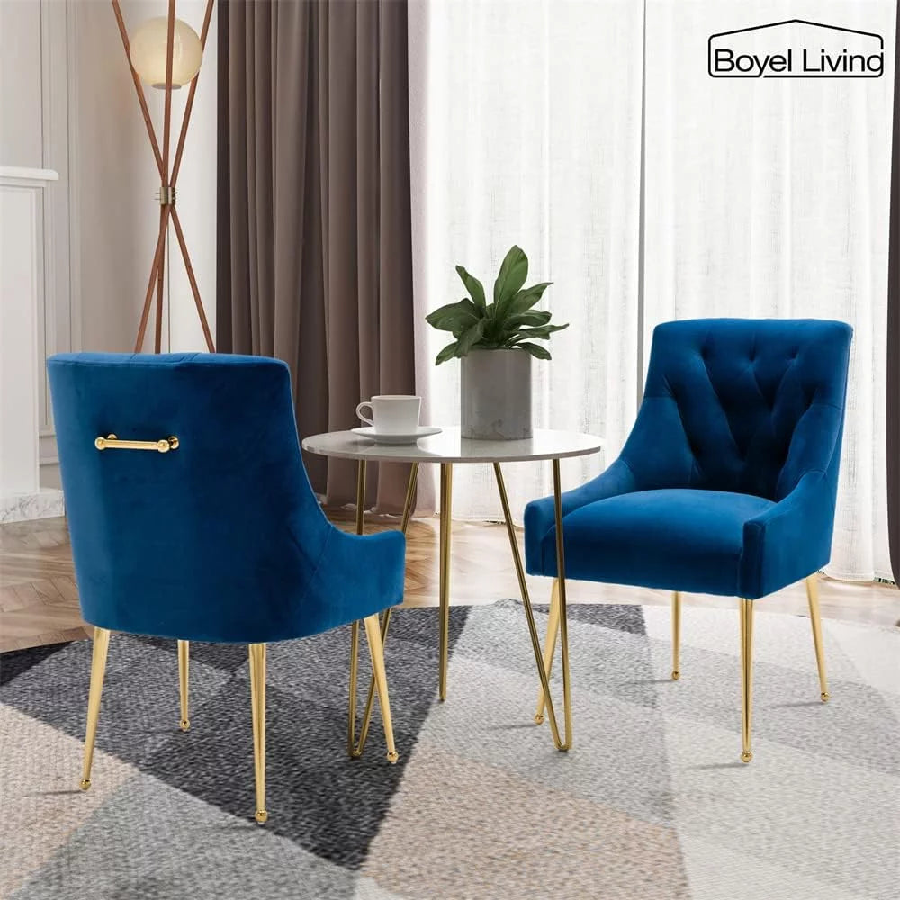 Velvet Dining Chair Set of 2 with Gold Legs, Navy Blue H9429