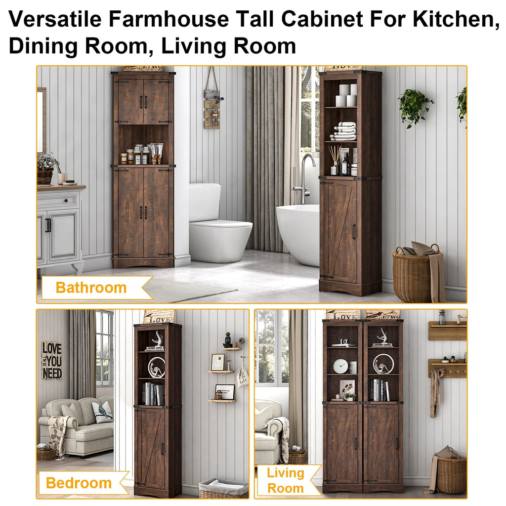Farmhouse Storage Cabinet, 5-Shelf Tall Bathroom Organizer with Barn Door, Brown D6816