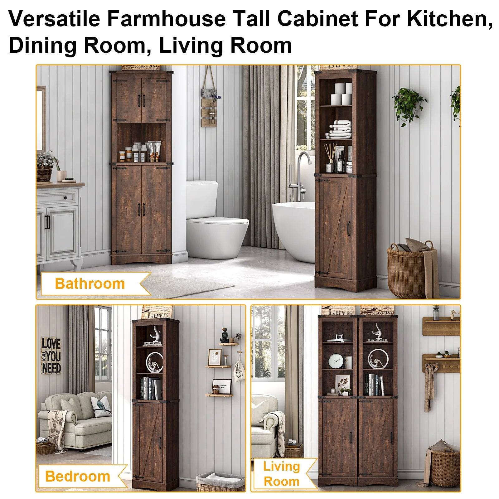 Farmhouse Storage Cabinet, 5-Shelf Tall Bathroom Organizer with Barn Door, Brown D6816
