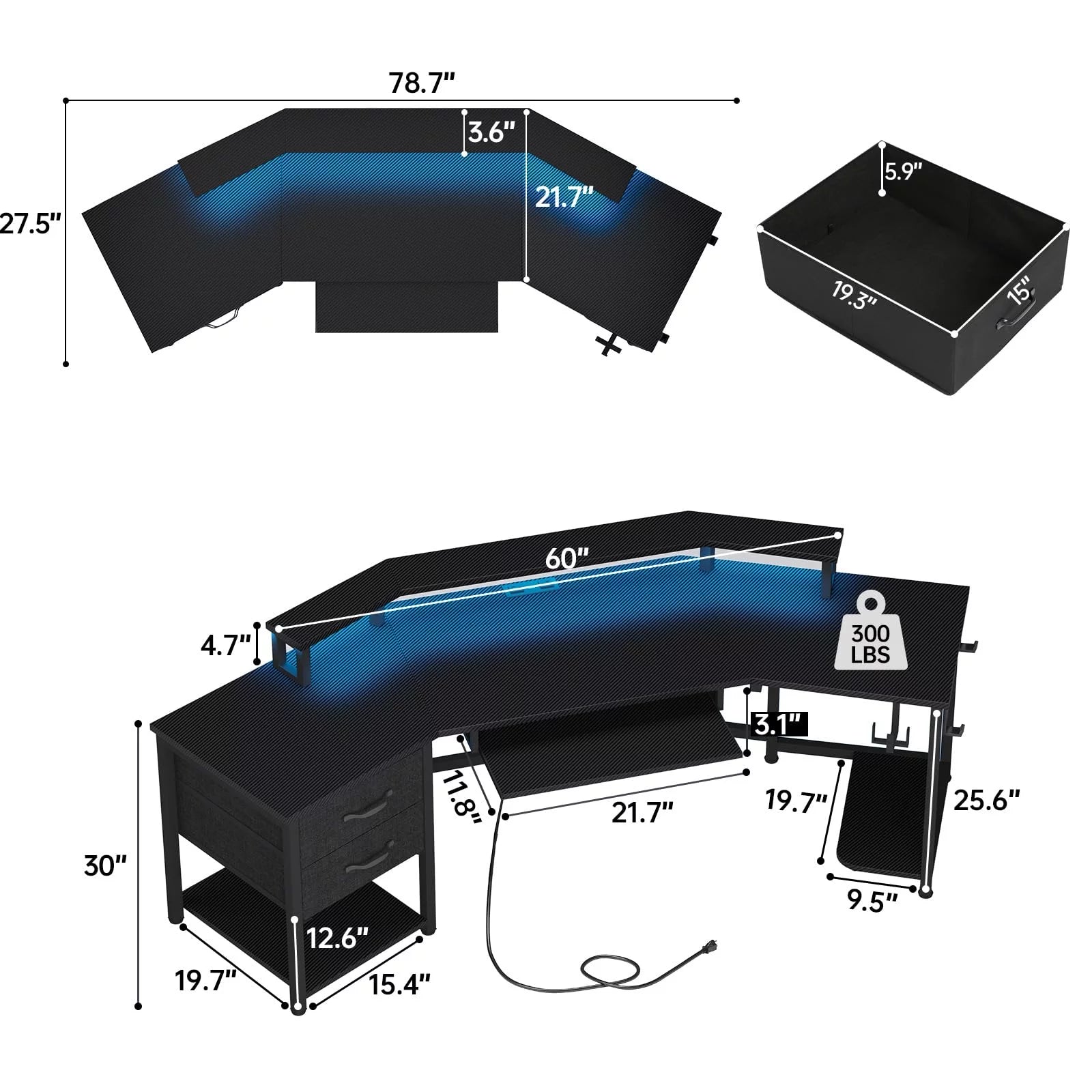 79" L Shaped Gaming Desk with LED Lights, Power Strip, Fabric Drawers, Storage Shelf and Keyboard Tray D650