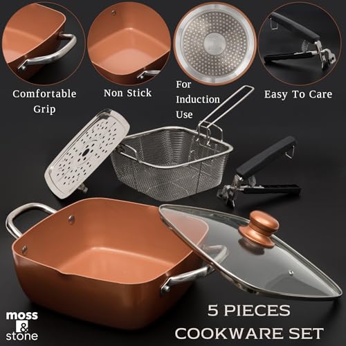 Copper Cookware Set 5 Piece, Non Stick Deep Frying Pan with Steamer Rack Y722