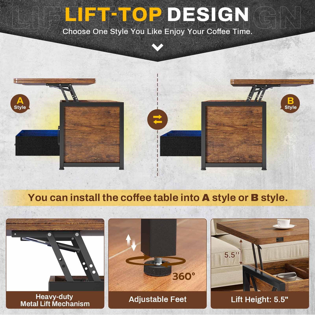40" Lift Top Coffee Table with Storage Cabinet and 2 Fabric Drawers C61872