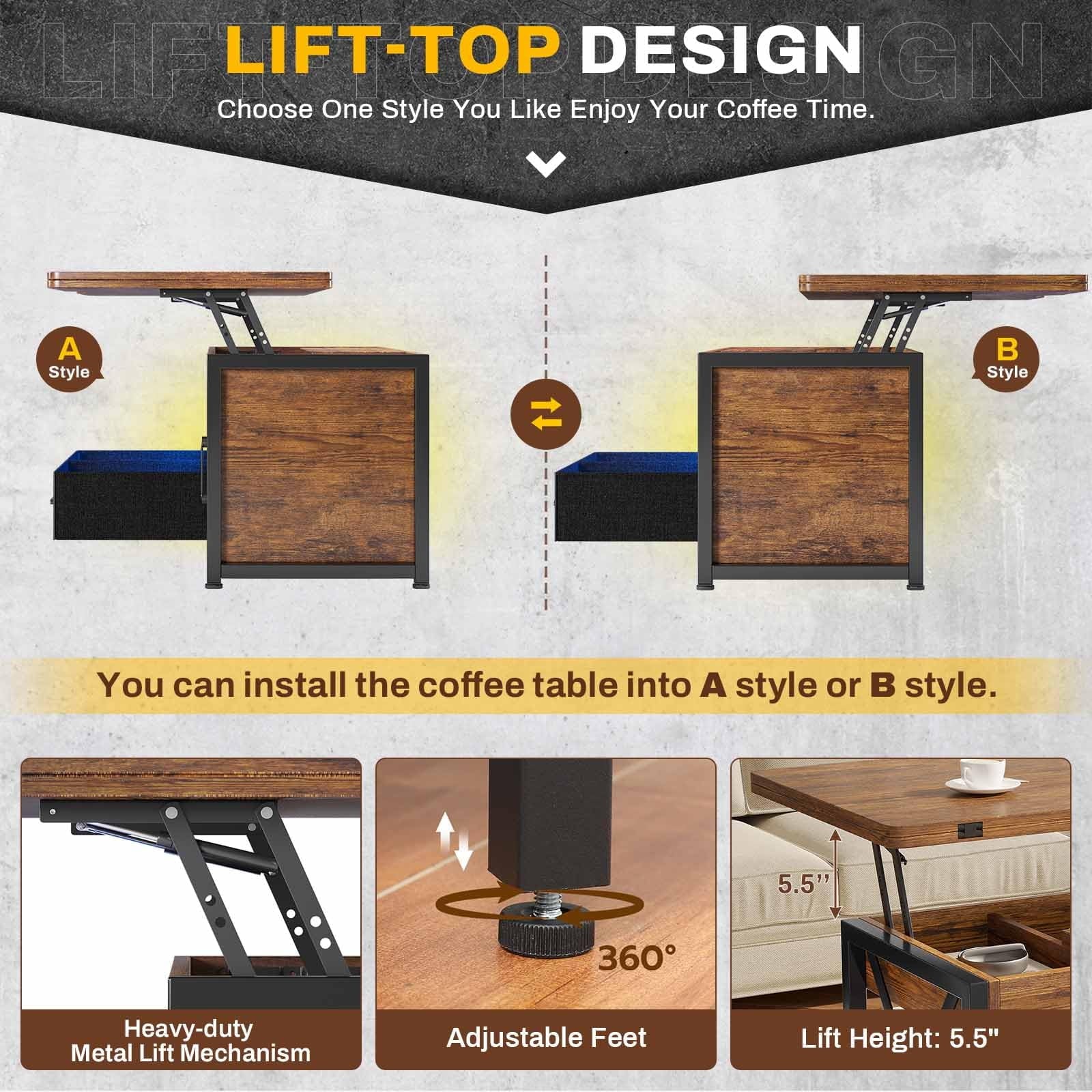 40" Lift Top Coffee Table with Storage Cabinet and 2 Fabric Drawers C61872