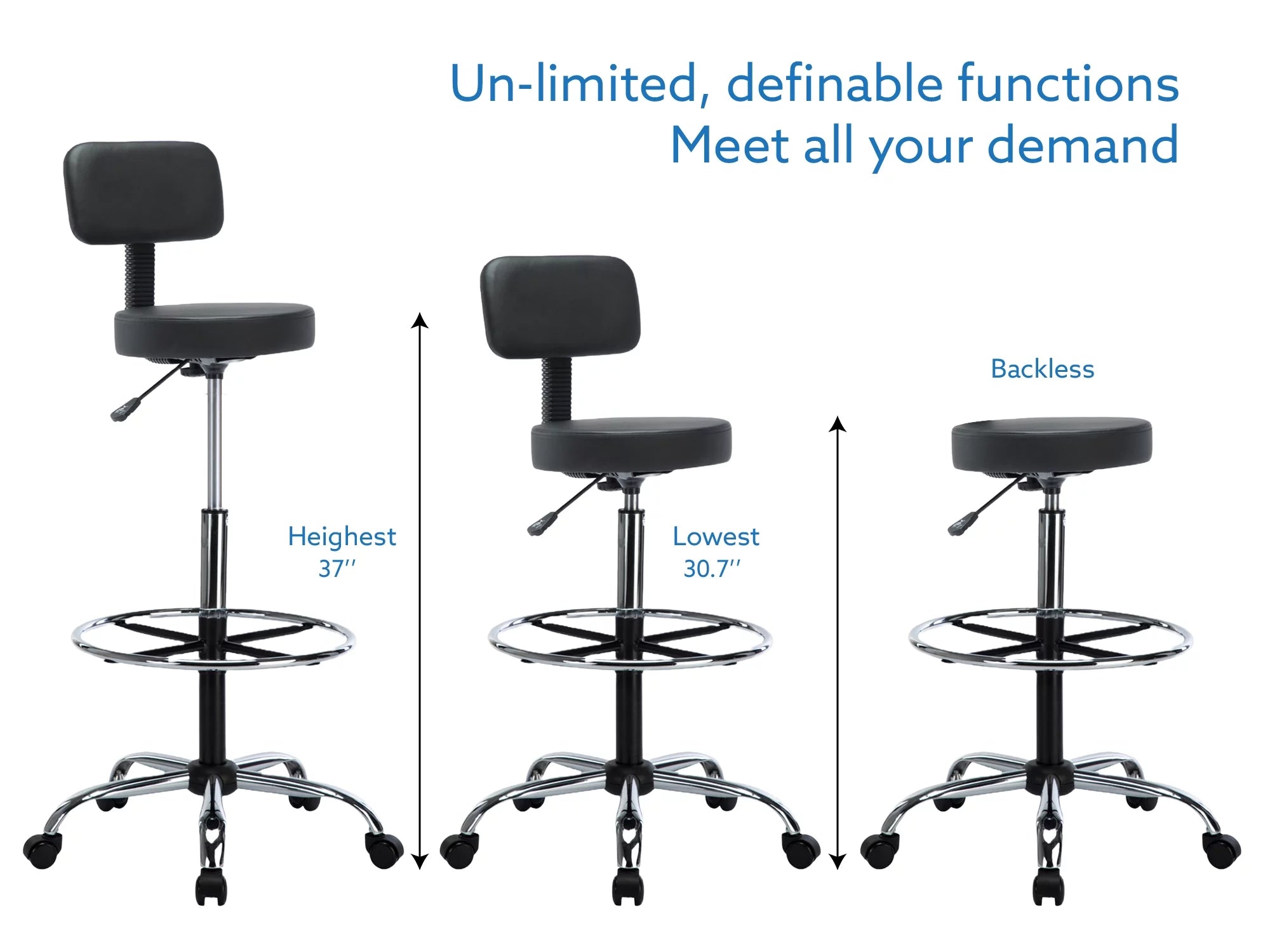 Height Adjustable Drafting Stool with Backrest, Faux Leather, Rolling Wheels D302274