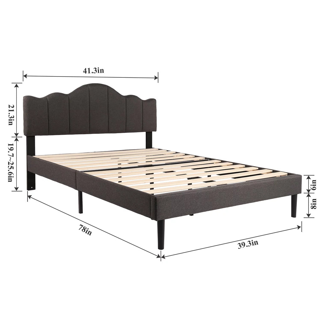Twin Size Bed with Adjustable Headboard, Upholstered Platform Bed Frame, Dark Grey E687