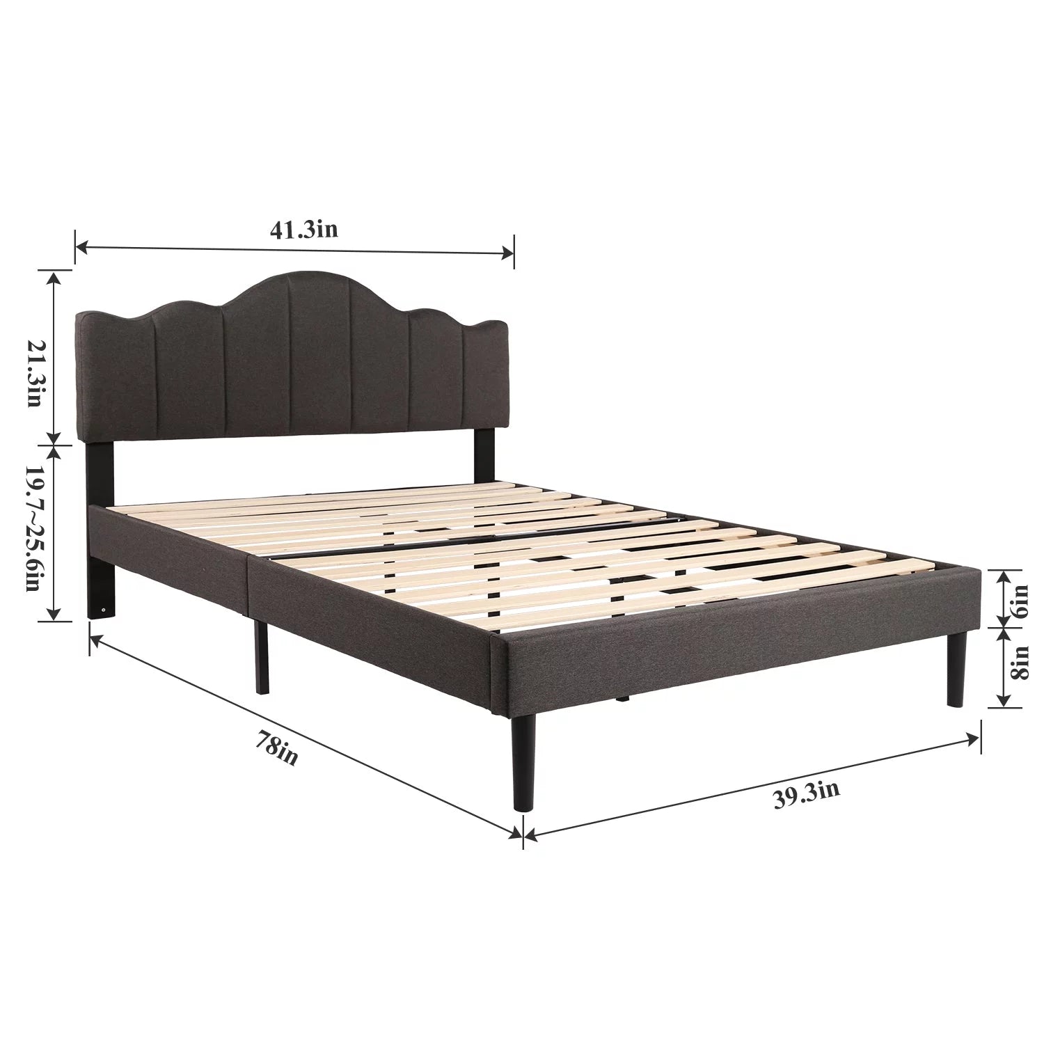 Twin Size Bed with Adjustable Headboard, Upholstered Platform Bed Frame, Dark Grey E687