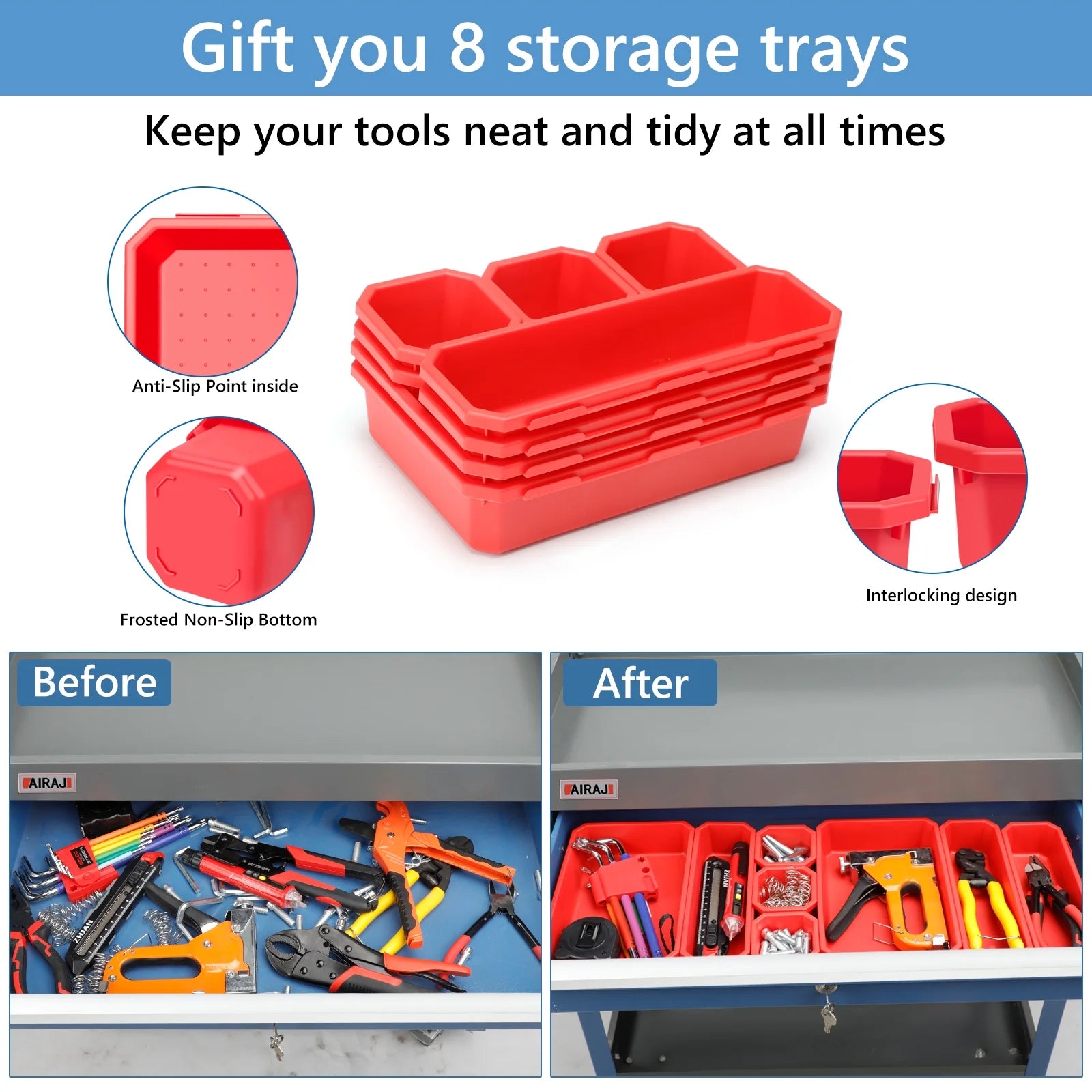 Tool Trolley with 3 Storage Levels, Hanging Hook, Ergonomic Handles, Rubber Brake Wheels V108223