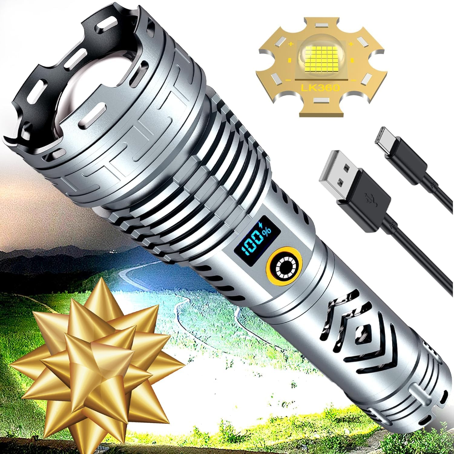 Flashlights High Lumens LCD Display, 200000 Lumen Rechargeable LED Flashlight, Super Bright Tactical Flashlight with 5 Modes, Waterproof Zoomable Flashlight Torch Light for Emergencies Camping