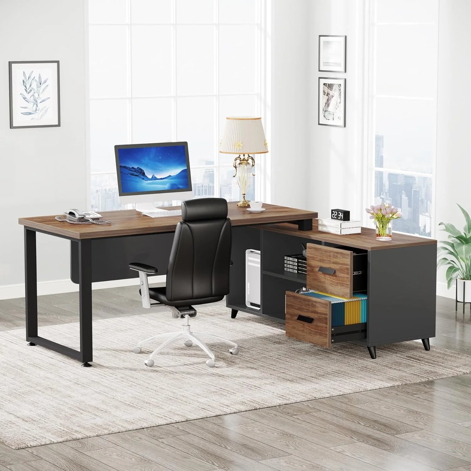 L Shaped Desk with File Drawer, 55 Inch Office Desk H4557