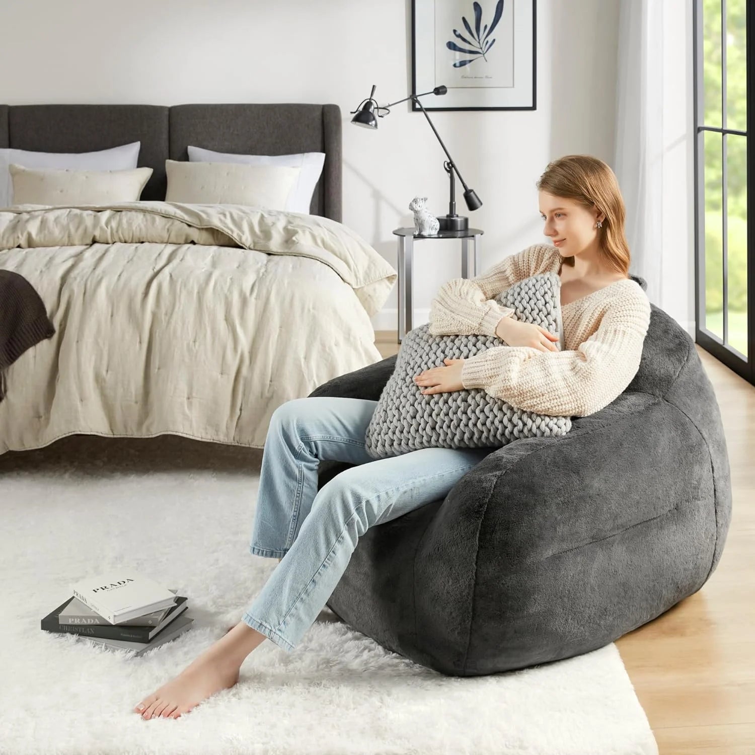 Giant Bean Bag Chair with Memory Foam Filler, Grey B491417