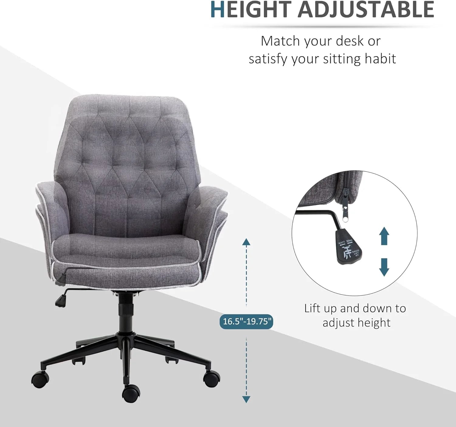 Linen Office Chair, Tufted Adjustable Computer Chair with Swivel Wheels, Dark Gray K806506