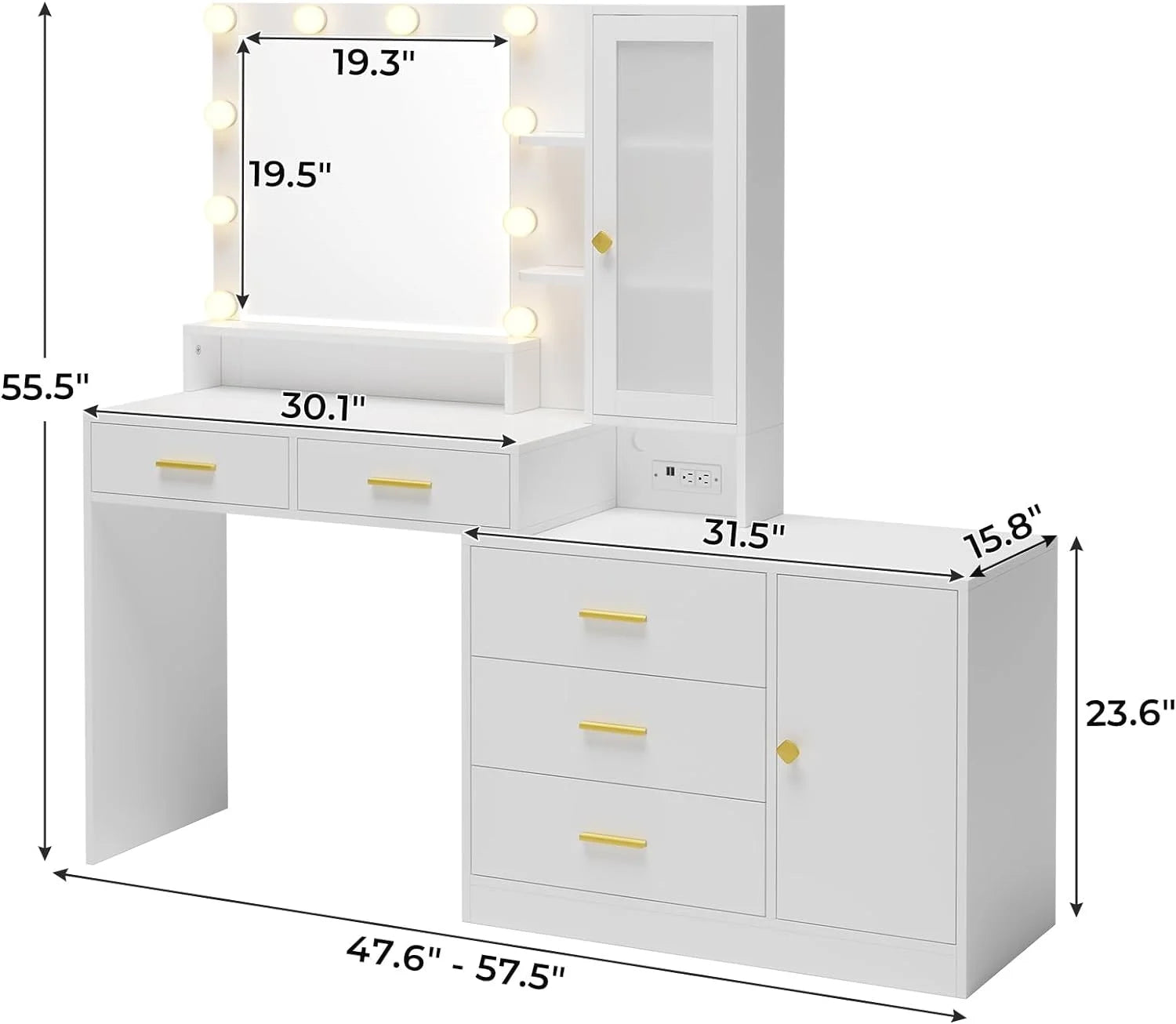 Vanity Desk with Drawers, Makeup Table with Mirror and Charging Station, White X15717
