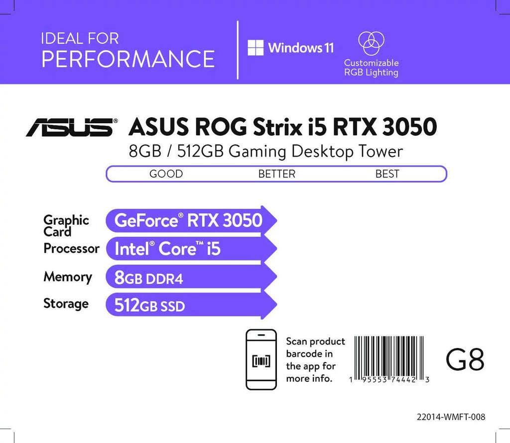Gaming Desktop PC, Intel Core i5, RTX 3050, 8GB RAM, 512GB SSD, Windows 11 G361200