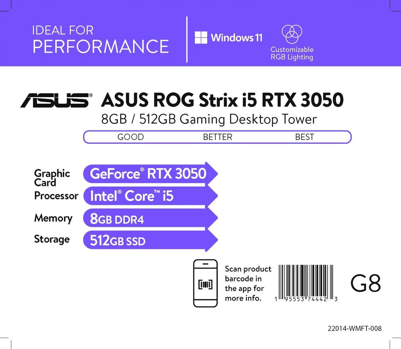 Gaming Desktop PC, Intel Core i5, RTX 3050, 8GB RAM, 512GB SSD, Windows 11 G361200