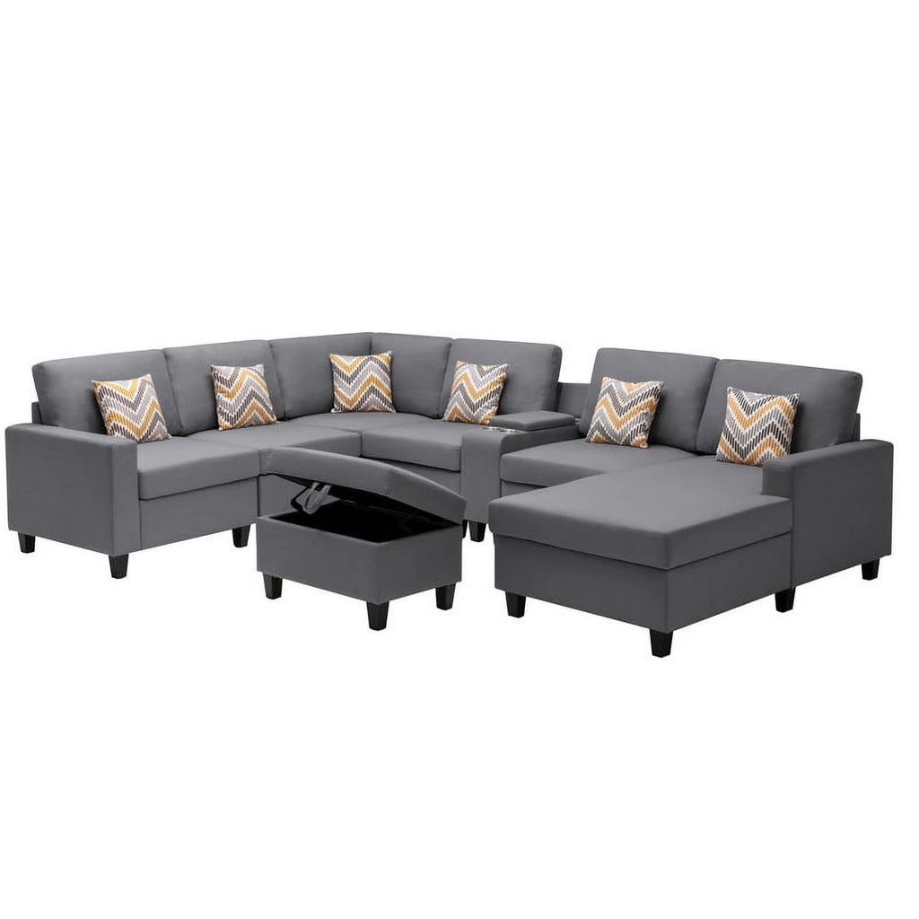 Gray Linen Fabric 8-Piece Reversible Chaise Sectional with USB Port Storage T7553