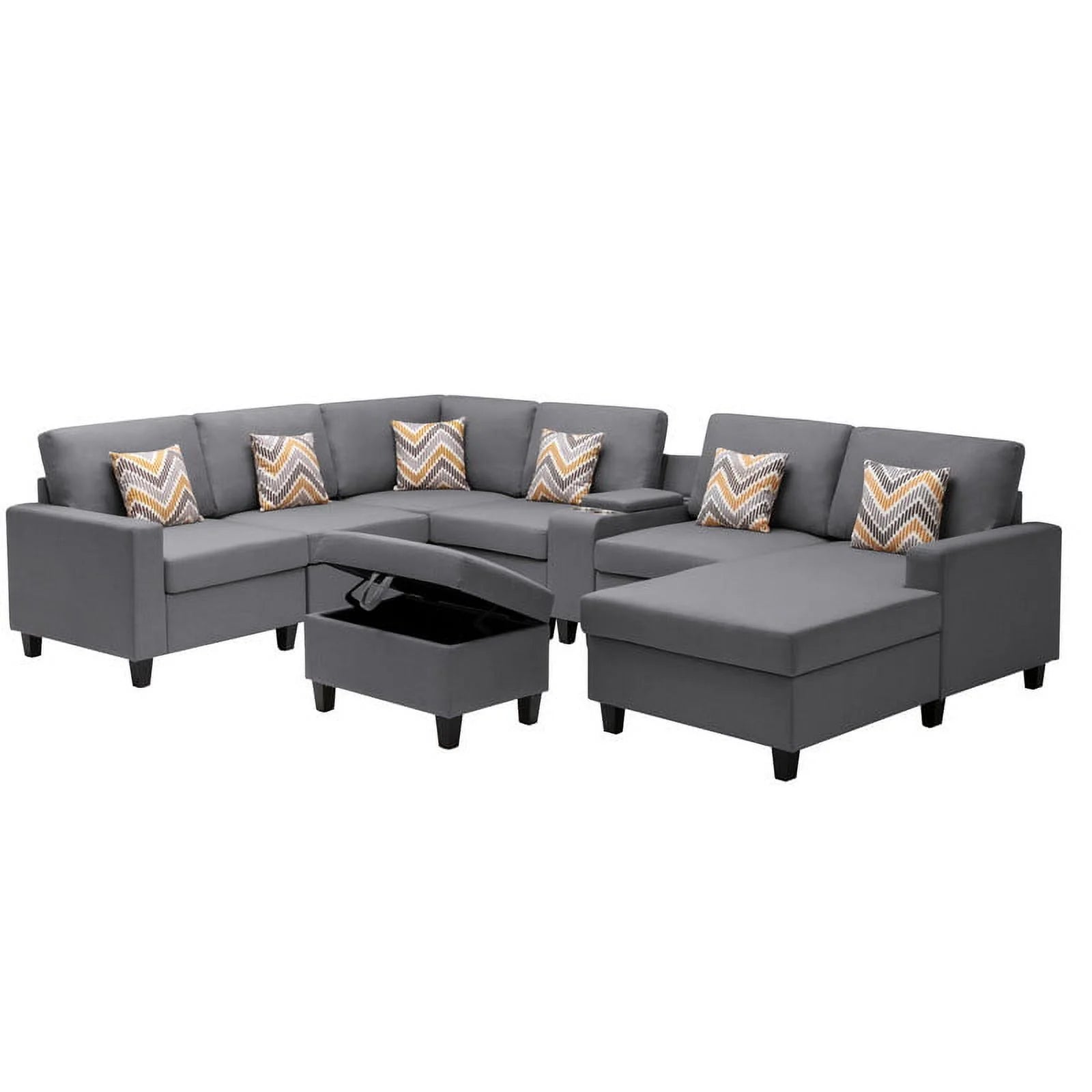 Gray Linen Fabric 8-Piece Reversible Chaise Sectional with USB Port Storage T7553