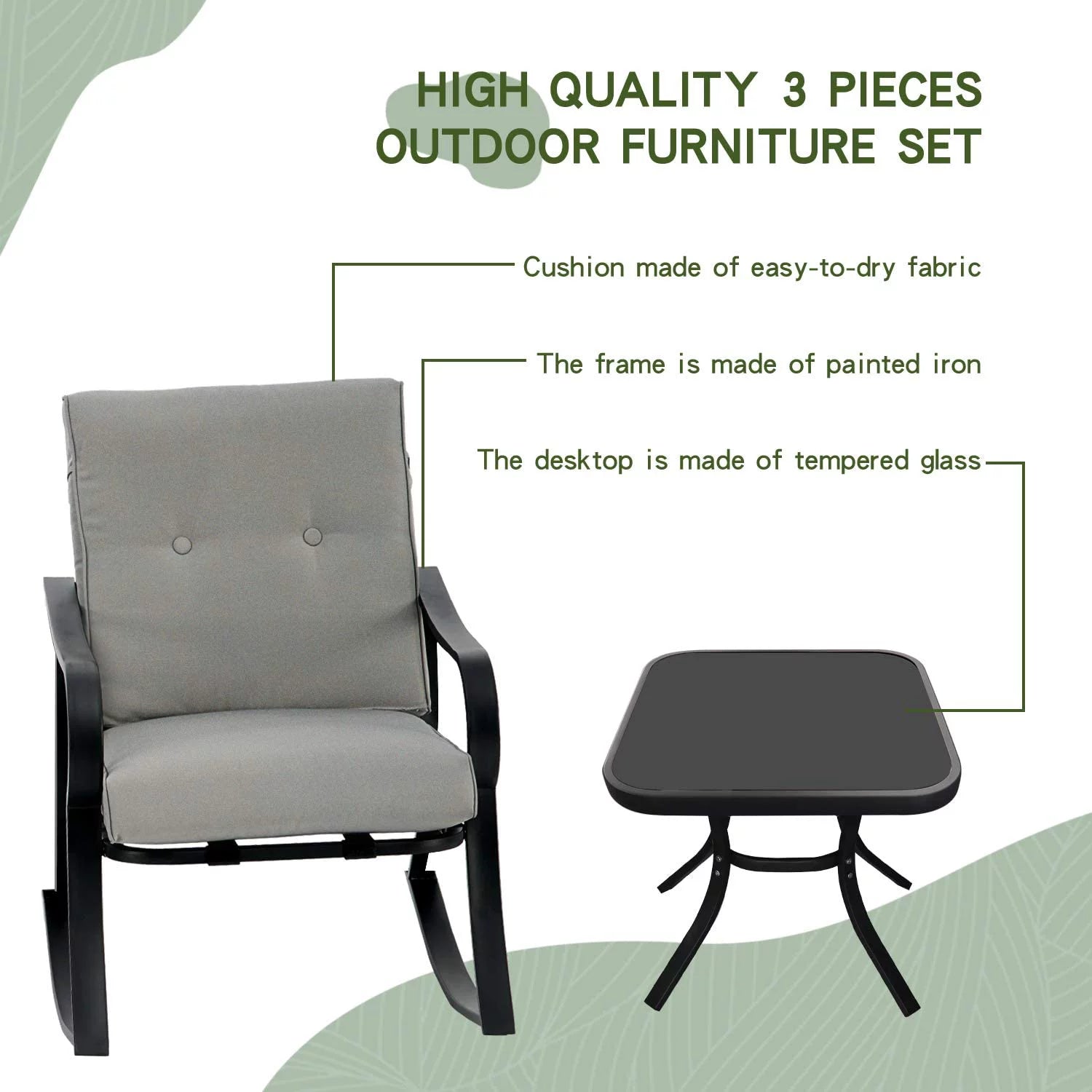 Outdoor Rocking Chairs Set with Cushions and Glass Coffee Table N96983