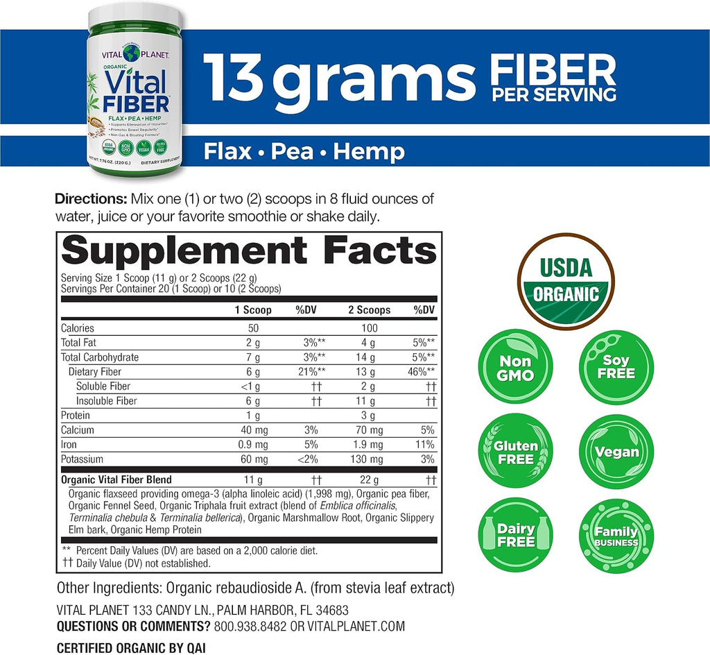 Organic Fiber Powder Supplement with Flax, Pea and Hemp, 7.76 oz C196
