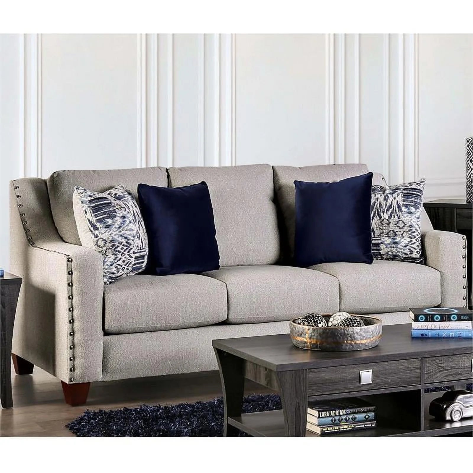 Transitional Fabric Nailhead Sofa Light Gray X713
