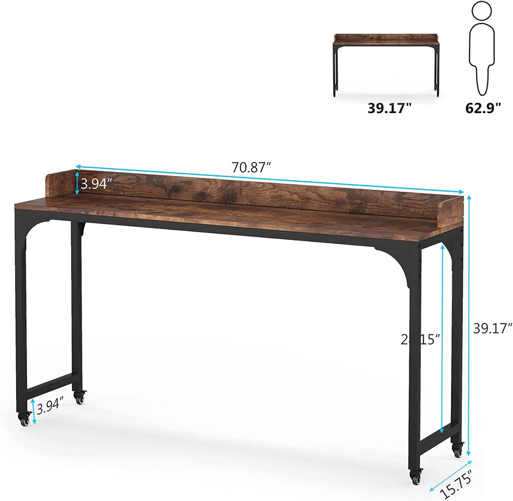 Brown Overbed Table with Wheels, Mobile Desk with Metal Legs Z9651