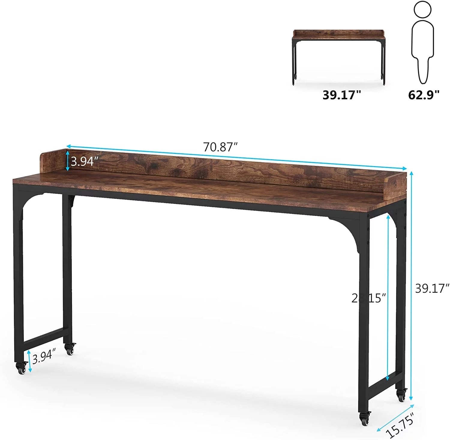 Brown Overbed Table with Wheels, Mobile Desk with Metal Legs Z9651