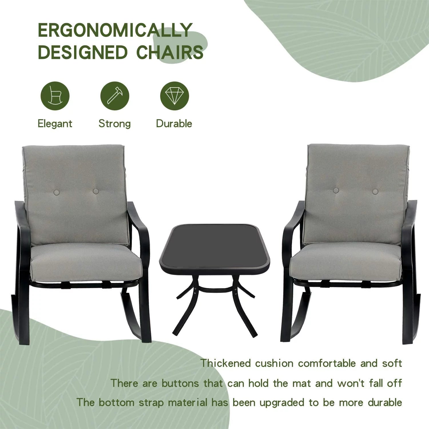 Outdoor Rocking Chairs Set with Cushions and Glass Coffee Table N96983