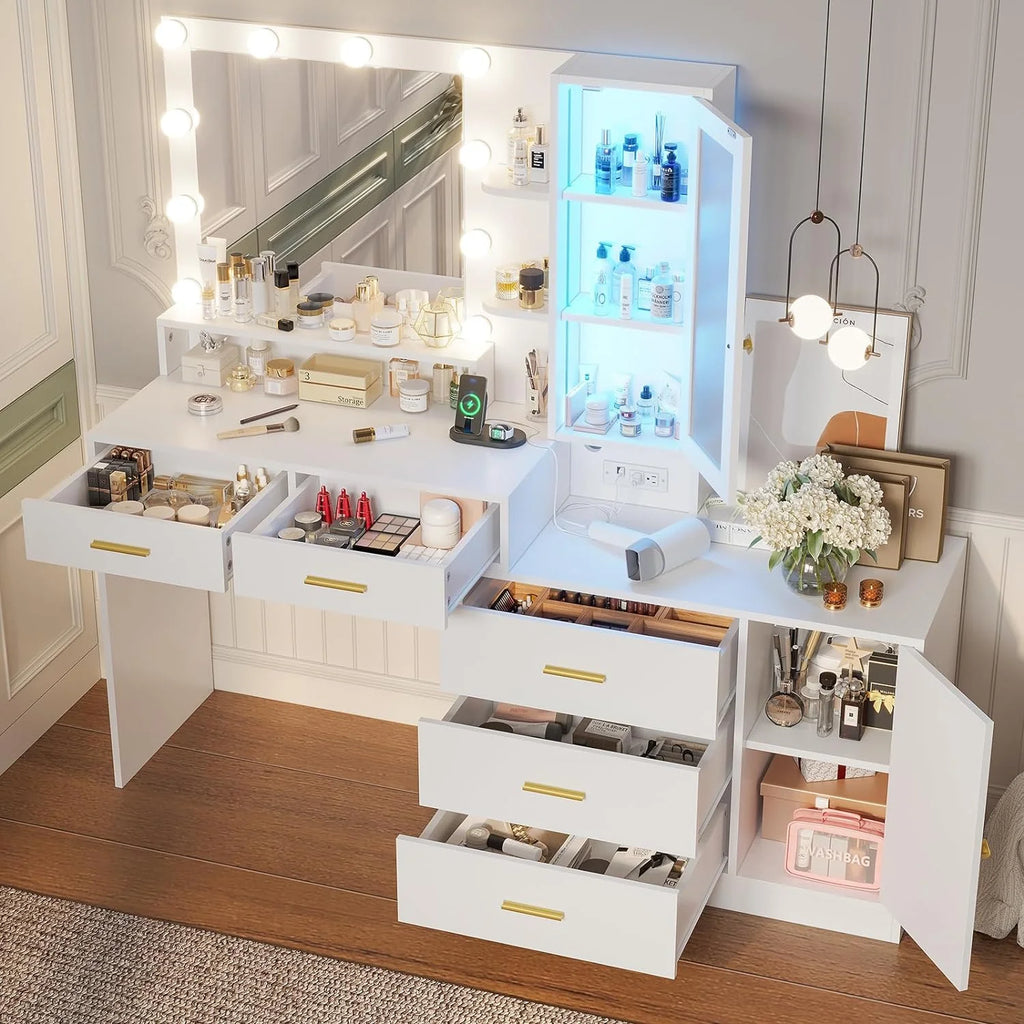 Vanity Desk with Drawers, Makeup Table with Mirror and Charging Station, White X15717