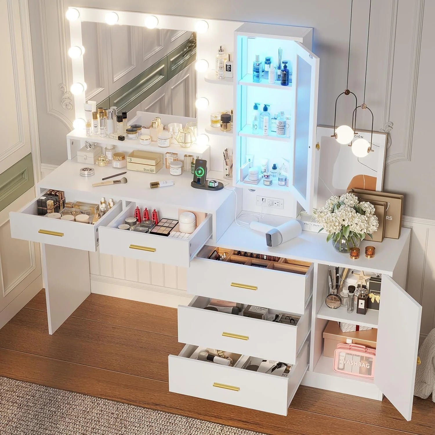 Vanity Desk with Drawers, Makeup Table with Mirror and Charging Station, White X15717