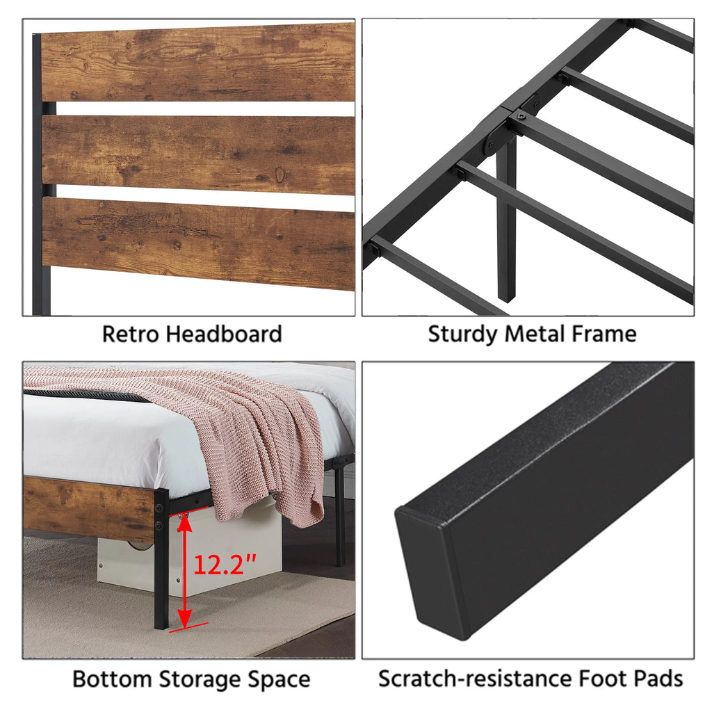 Twin Bed Frame with Wooden Headboard, Rustic Industrial Platform Bed D329