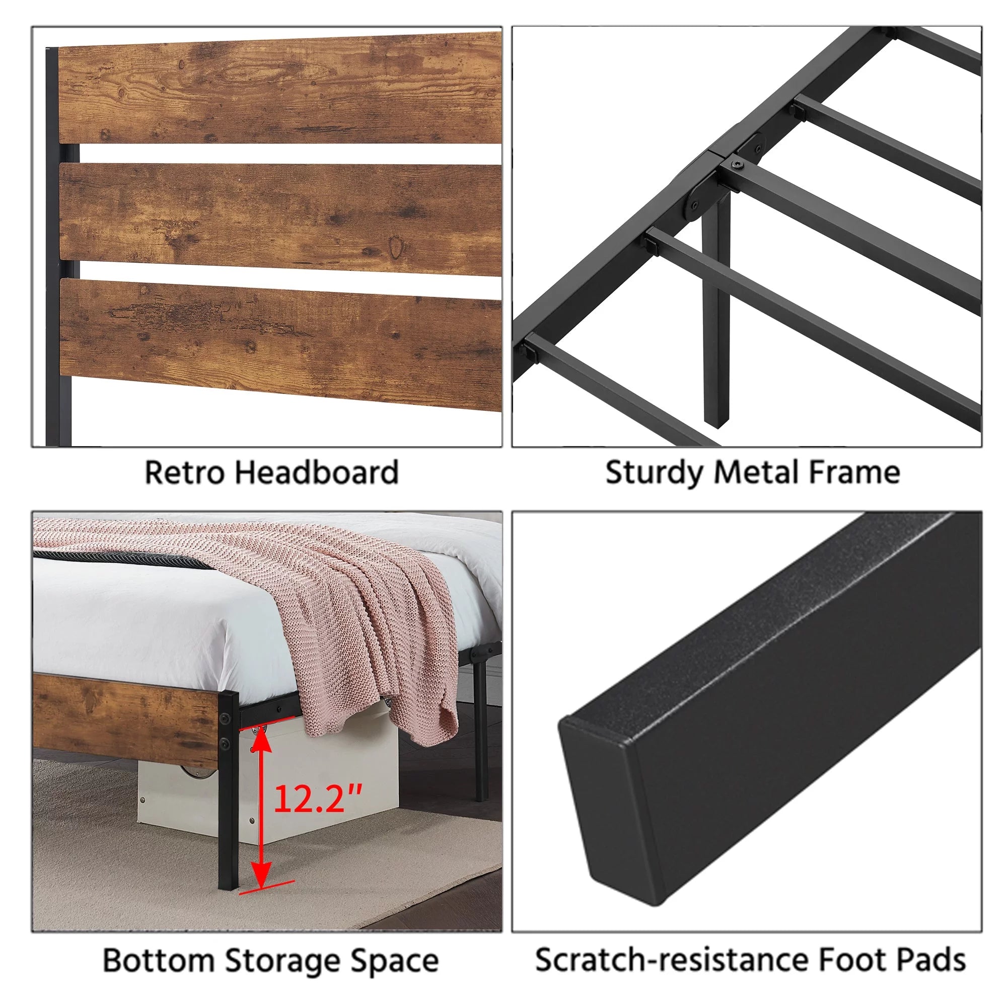 Twin Bed Frame with Wooden Headboard, Rustic Industrial Platform Bed D329