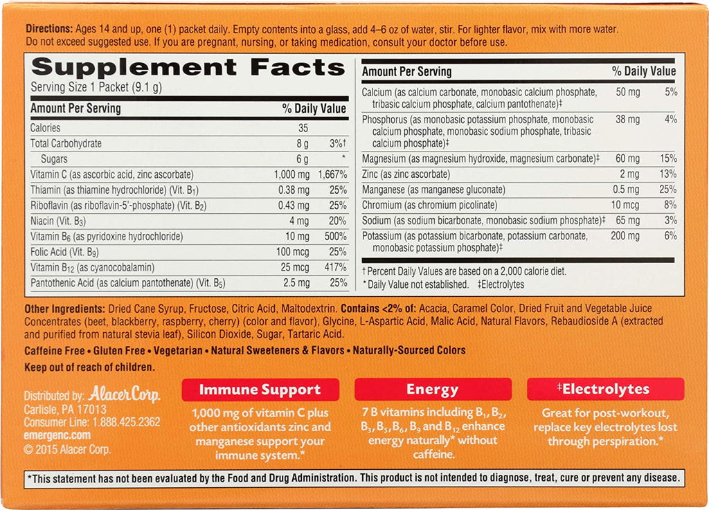Vitamin C Powder with B Vitamins and Electrolytes, Raspberry Flavor, 30 Count C897